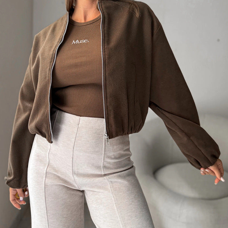 Manteau court à épaules dénudées et col rond pour femme, manches lanternes très cozy