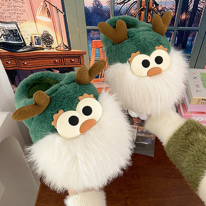 Chaussures mignonnes en coton avec motif cerf de Noël pour femme, pantoufles d'hiver d'intérieur, à talon semi-couvert, chaudes et en peluche