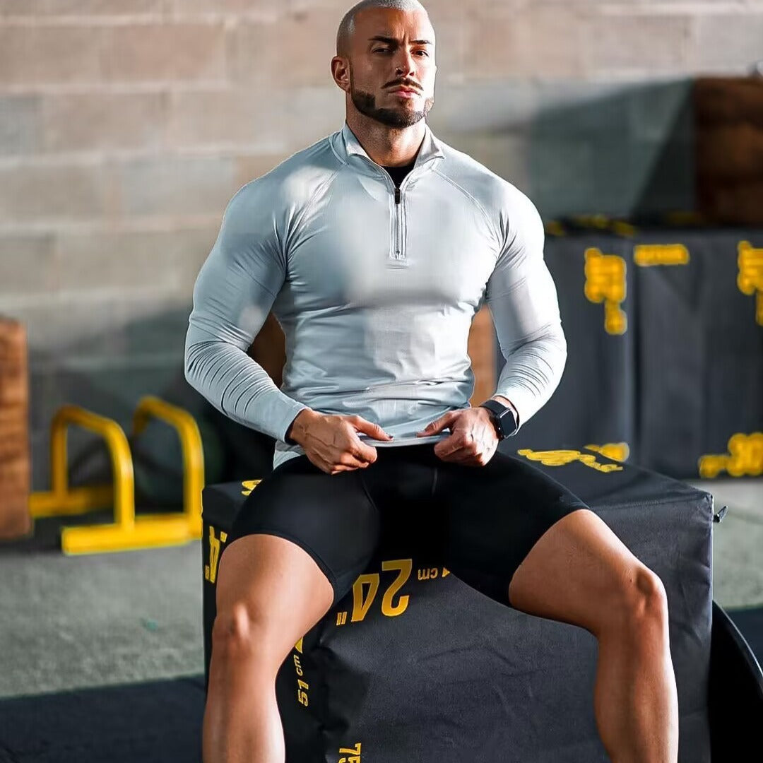 T-shirt de fitness, haut à demi-fermeture éclair à séchage rapide, vêtement moulant, manches longues