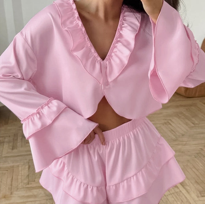 Womens Soft Ruffle-Trim Long-Sleeve Top And Shorts Set