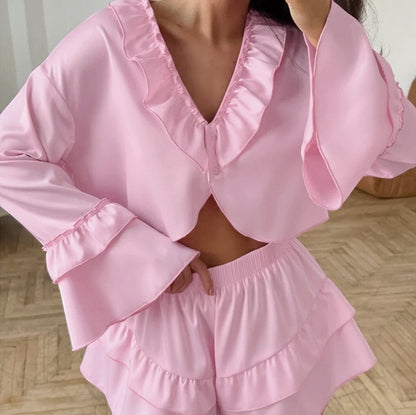 Womens Soft Ruffle-Trim Long-Sleeve Top And Shorts Set