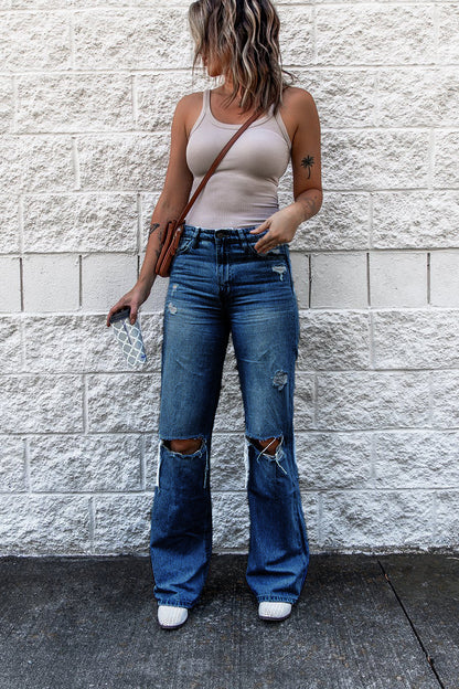 Pantalon en denim taille haute déchiré pour femme, coupe slim rétro, coupe bootcut