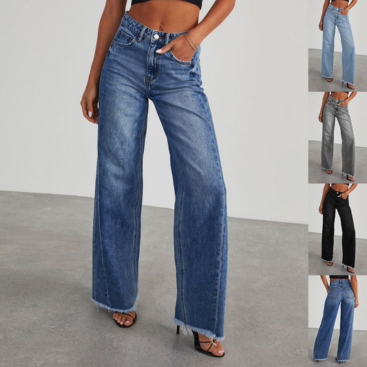 Jean taille haute tendance avec poches, coupe slim confortable, pantalon droit et large, vêtements pour femmes