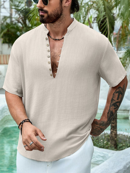 Chemise d'été décontractée à manches courtes et col en V  pour homme, en coton et lin, à boutons multiples