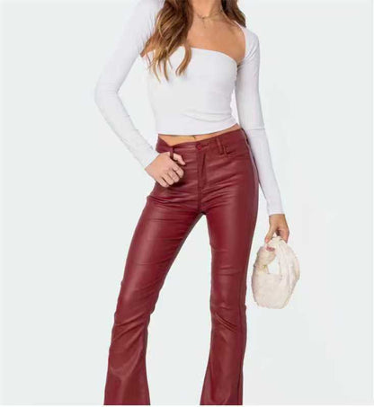 High Waist PU Leather American Hot Girl Tall Mopping Horseshoe Pants