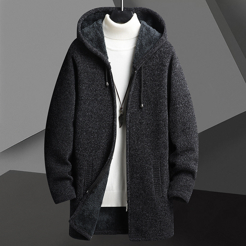 Cardigan mi-long à capuche et fermeture éclair pour homme, doublé polaire, automne-hiver