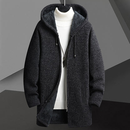 Cardigan mi-long à capuche et fermeture éclair pour homme, doublé polaire, automne-hiver