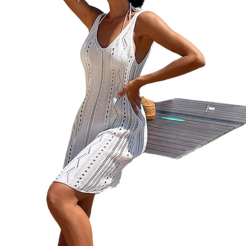 Womens Solid-Color Backless Hip-Hugging Knitted Hollow-Out Swimsuit Dress