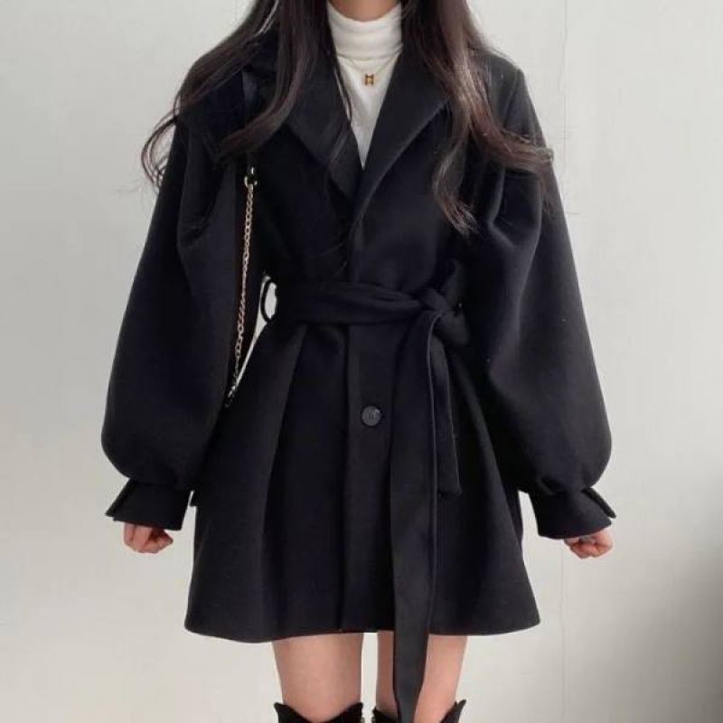 Manteau coupe-vent ample en laine pour femme, col tailleur, mi-long et petit