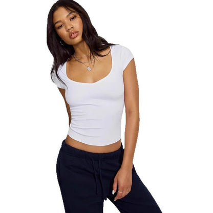 Été Femmes Slim Col Coeur Couleur Unie Décontracté Manches Courtes