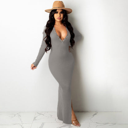 Lapel Backless Long Sleeves Slit Midi Skirt