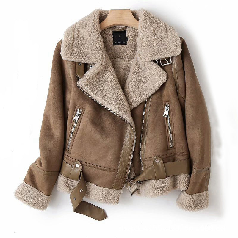 Veste d'hiver à revers en daim et laine d'agneau, manteau chaud pour moto, vêtements d'extérieur pour femmes