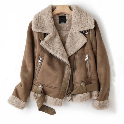 Veste d'hiver à revers en daim et laine d'agneau, manteau chaud pour moto, vêtements d'extérieur pour femmes