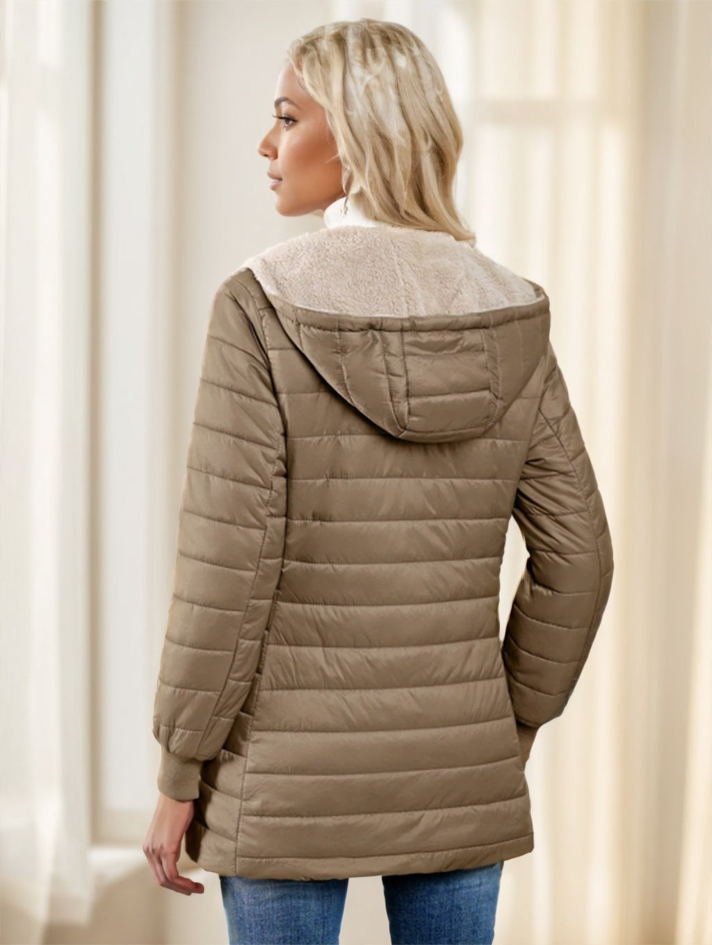 Manteau matelassé à capuche en polaire de couleur unie, style décontracté et polyvalent, Aveloria Modichic