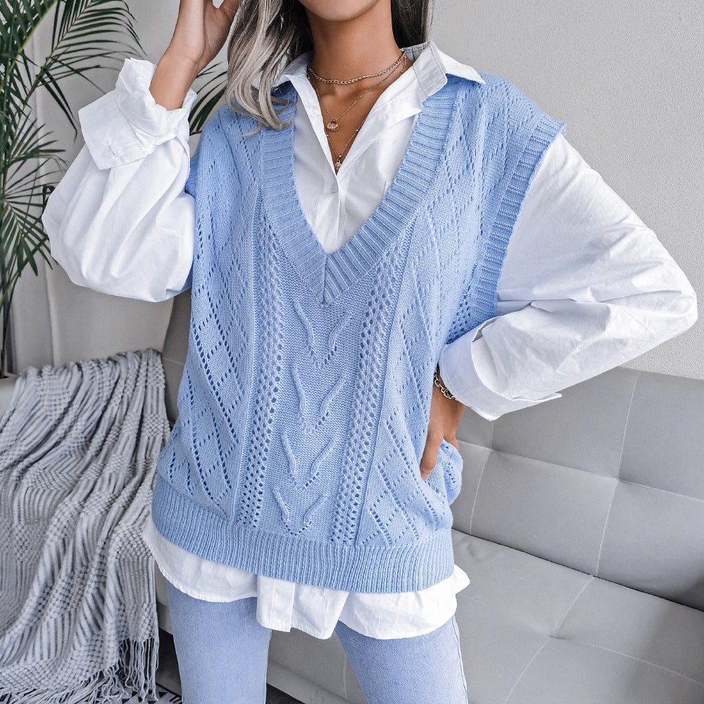 European And American Hollowed Out Twist V-neck Knitted Vest Sweater
