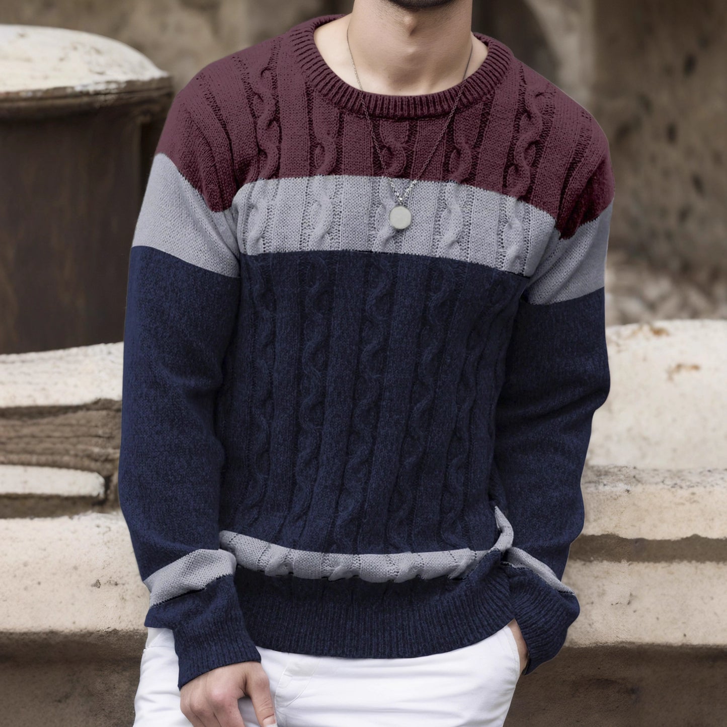 Men's Color-block Crew Neck Sweater European And American Pullover Multicolor