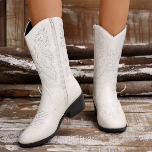 Bottes Martin mi-mollet pour femme, couleur unie, pointues, à talons épais
