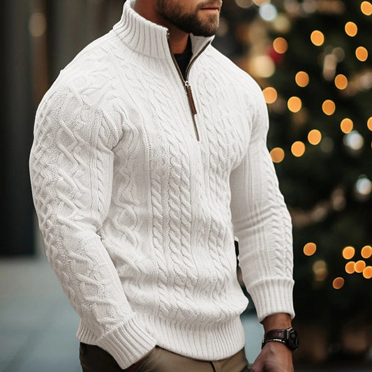 Manteau en tricot à demi-fermeture éclair pour homme, couleur unie, pull épais torsadé
