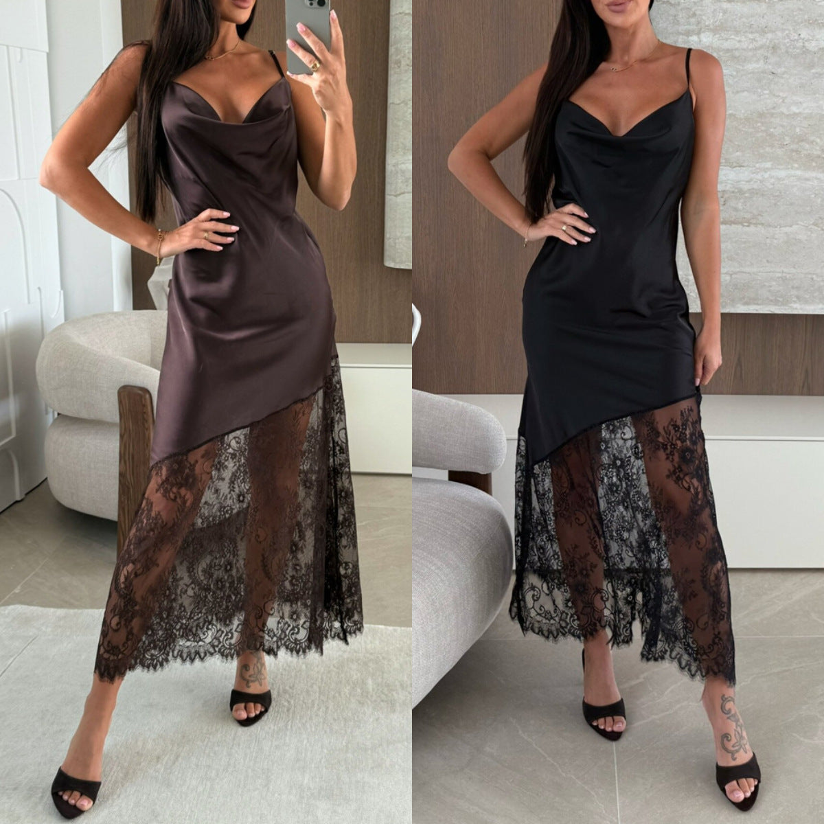 Sexy V-neck Lace-trimmed Solid Color Long Camisole Dress