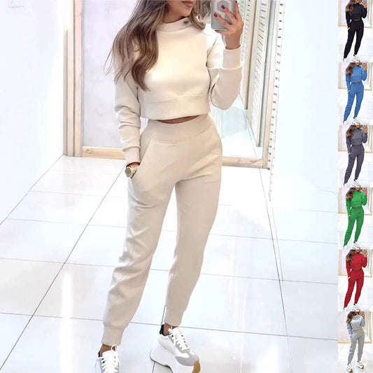 Ensemble de sport à col montant, pull tendance, manches longues, haut court et pantalon slim avec poches, tenues unies, vêtements pour femmes