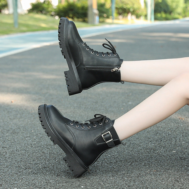 Bottines noires à lacets et boucle de ceinture de style britannique pour l'automne et l'hiver