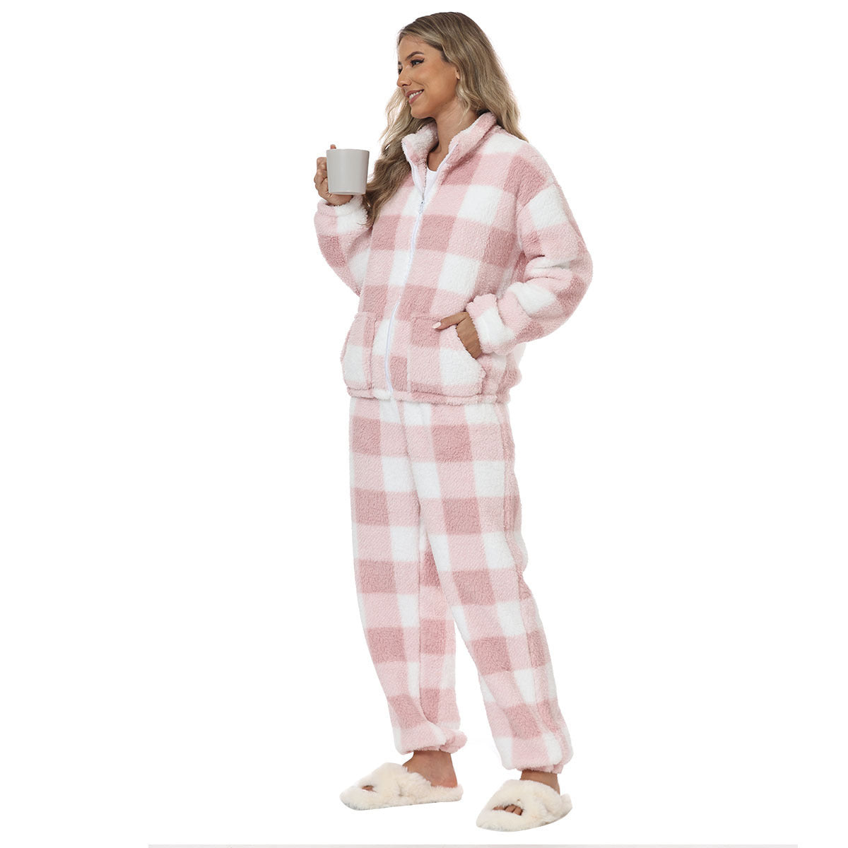 Ensemble chaud pour femme à carreaux roses et blancs très mignon.