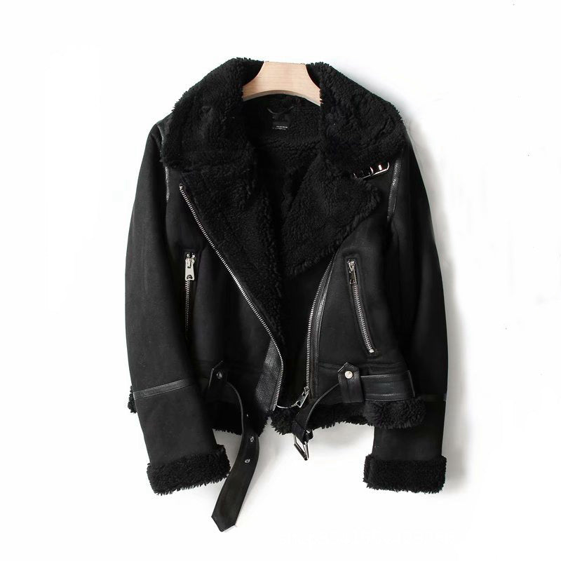 Veste d'hiver à revers en daim et laine d'agneau, manteau chaud pour moto, vêtements d'extérieur pour femmes