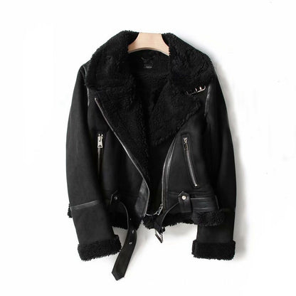 Veste d'hiver à revers en daim et laine d'agneau, manteau chaud pour moto, vêtements d'extérieur pour femmes