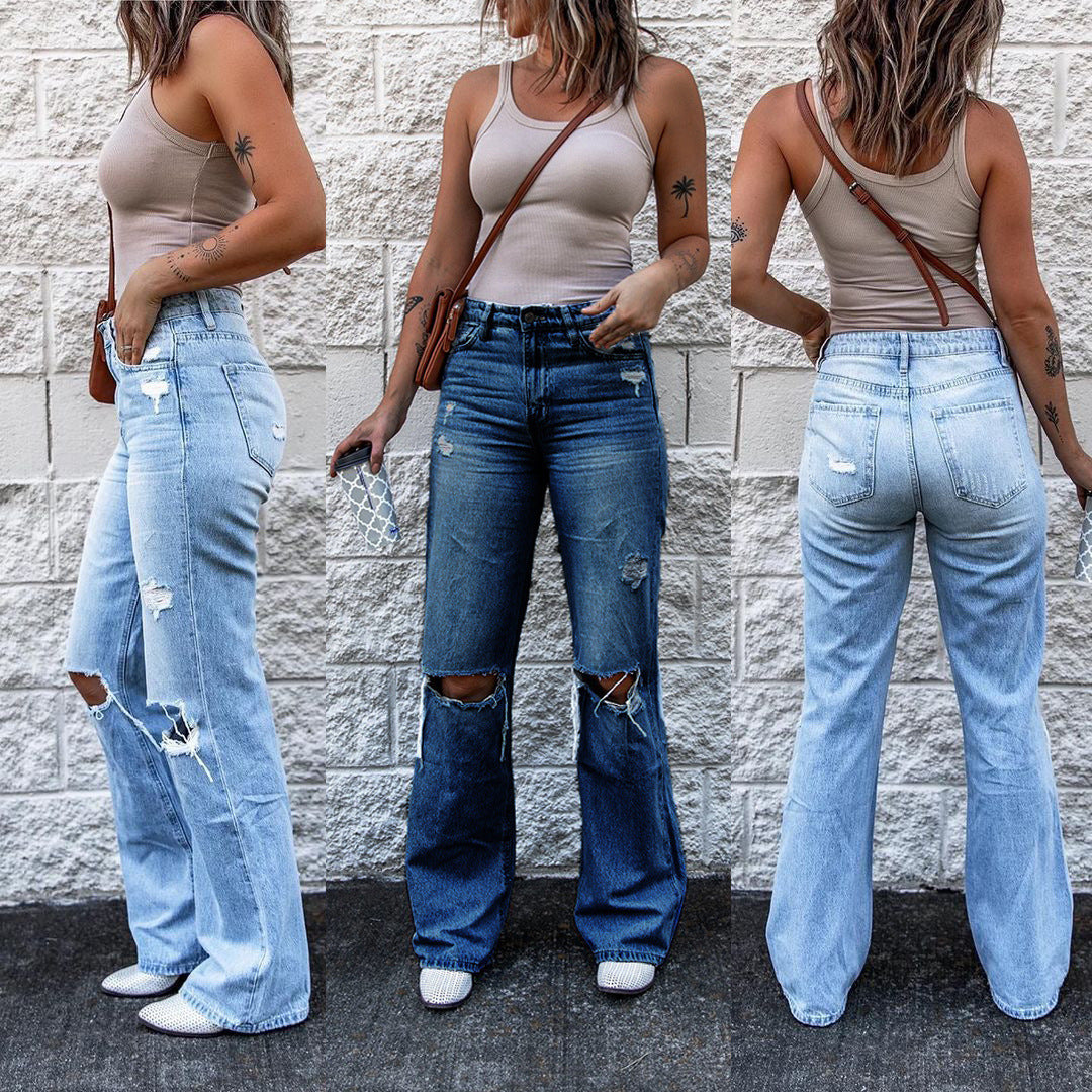 Pantalon en denim taille haute déchiré pour femme, coupe slim rétro, coupe bootcut