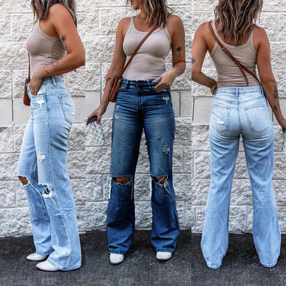 Pantalon en denim taille haute déchiré pour femme, coupe slim rétro, coupe bootcut