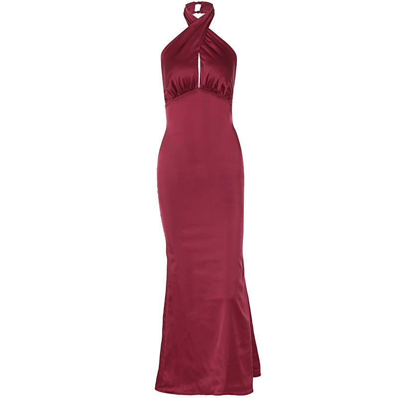 Robe élégante sans manches dos nu à la mode estivale tissu satinde couleur unie,  simplement magique robe longue.
