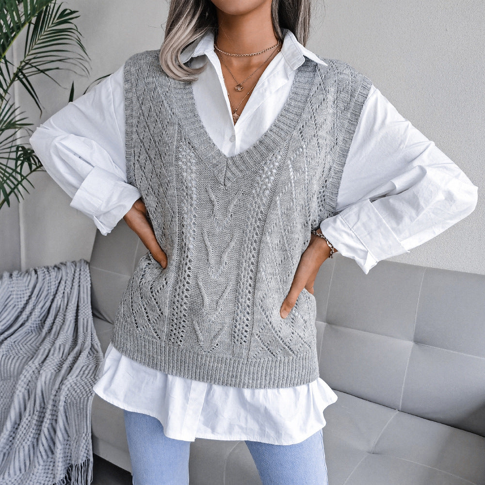 European And American Hollowed Out Twist V-neck Knitted Vest Sweater