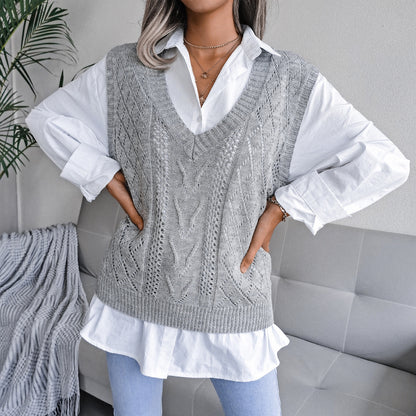 European And American Hollowed Out Twist V-neck Knitted Vest Sweater
