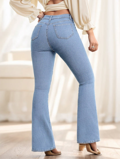 Pantalon long en denim décontracté pour femme avec poche boutonnée sur le devant, design simple
