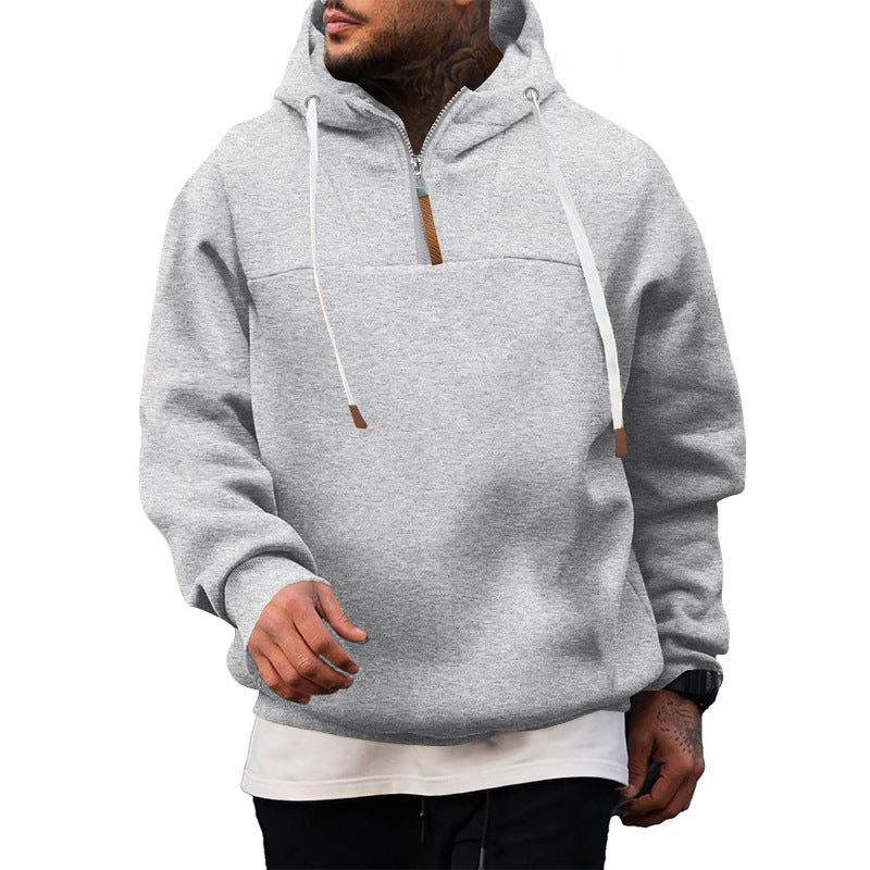 New Men's Heavy Fleece-lined Half-zip Sporty Casual Hooded Sweatshirt