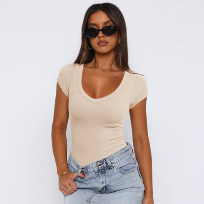 Womens Ribbed Pullover Solid Color Versatile And Stylish Short Sleeves