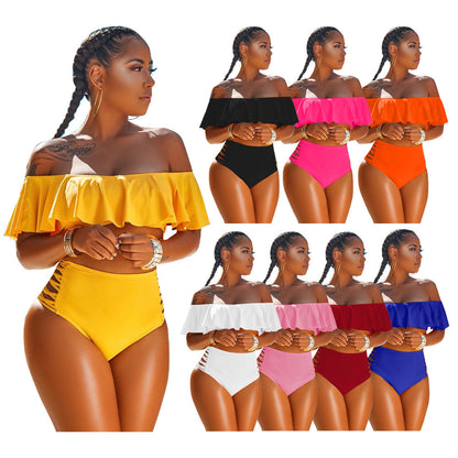European And American Solid Color Swimsuit One-shoulder High-waist Shorts  Two-piece Set