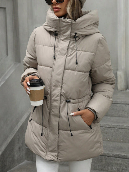 Manteau mi-long matelassé à capuche, taille ajustable, décontracté, rembourré, vêtements d'hiver pour femmes