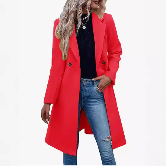 Manteau long en laine à double boutonnage et lacets pour femme
