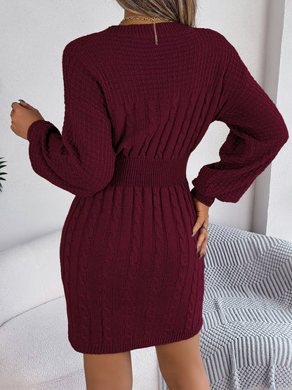 Solid Color Cable Knit Hollow Out Lantern Sleeve Bodycon Sweater Dress