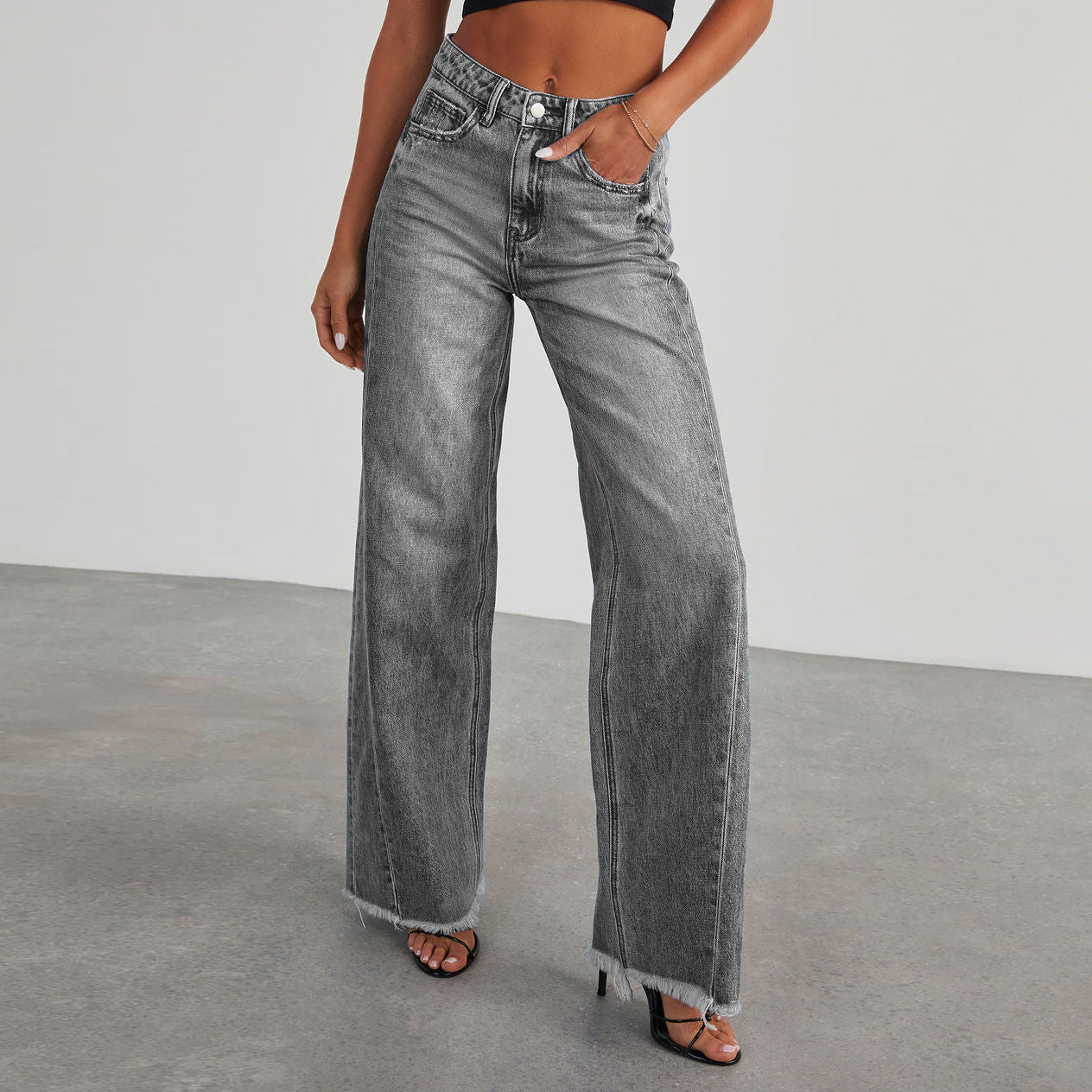 Jean taille haute tendance avec poches, coupe slim confortable, pantalon droit et large, vêtements pour femmes