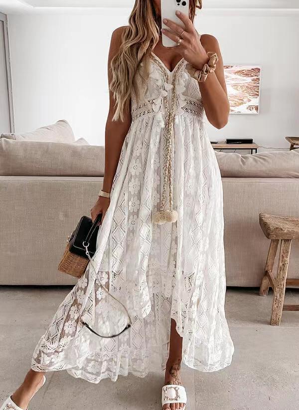 Lace Strap Solid Color Swing Maxi Dress