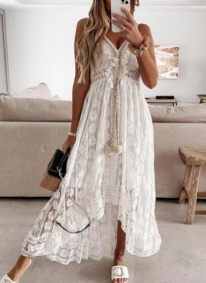 Lace Strap Solid Color Swing Maxi Dress