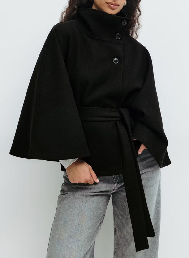 Manteau d'hiver à col montant et manches chauve-souris avec ceinture, trench-coat ample et élégant à boutons pour femme très chic
