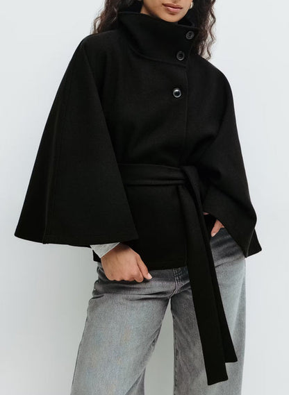 Manteau d'hiver à col montant et manches chauve-souris avec ceinture, trench-coat ample et élégant à boutons pour femme très chic