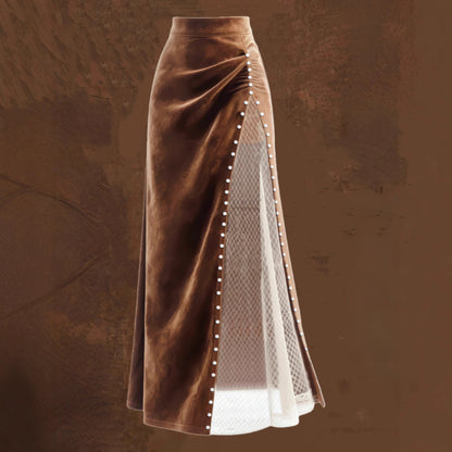 Womens Retro Western Mesh Patchwork Beaded Long Skirt