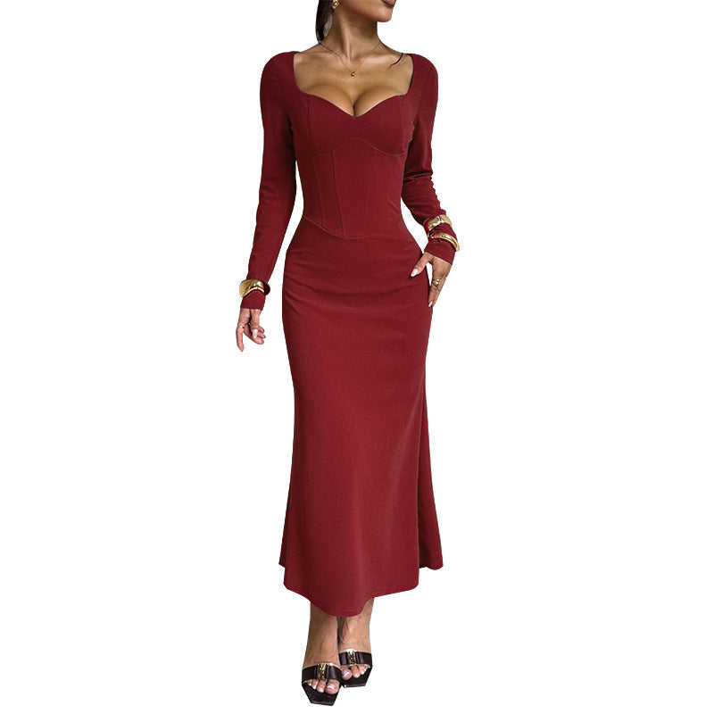 Waist-cinching Long-sleeved Dress Solid Color Slim Fit