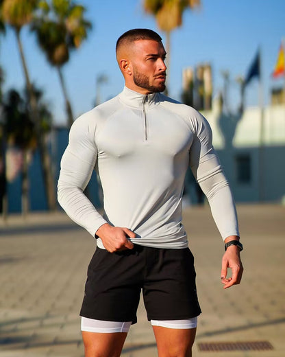 T-shirt de fitness, haut à demi-fermeture éclair à séchage rapide, vêtement moulant, manches longues