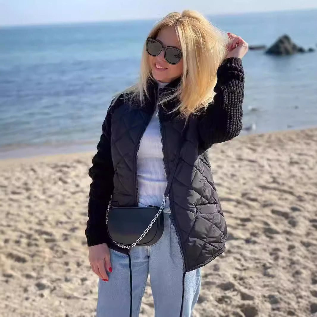 Veste en coton à col montant avec poches, manteau tendance en tricot avec fermeture éclair, hauts chauds d'hiver pour femmes