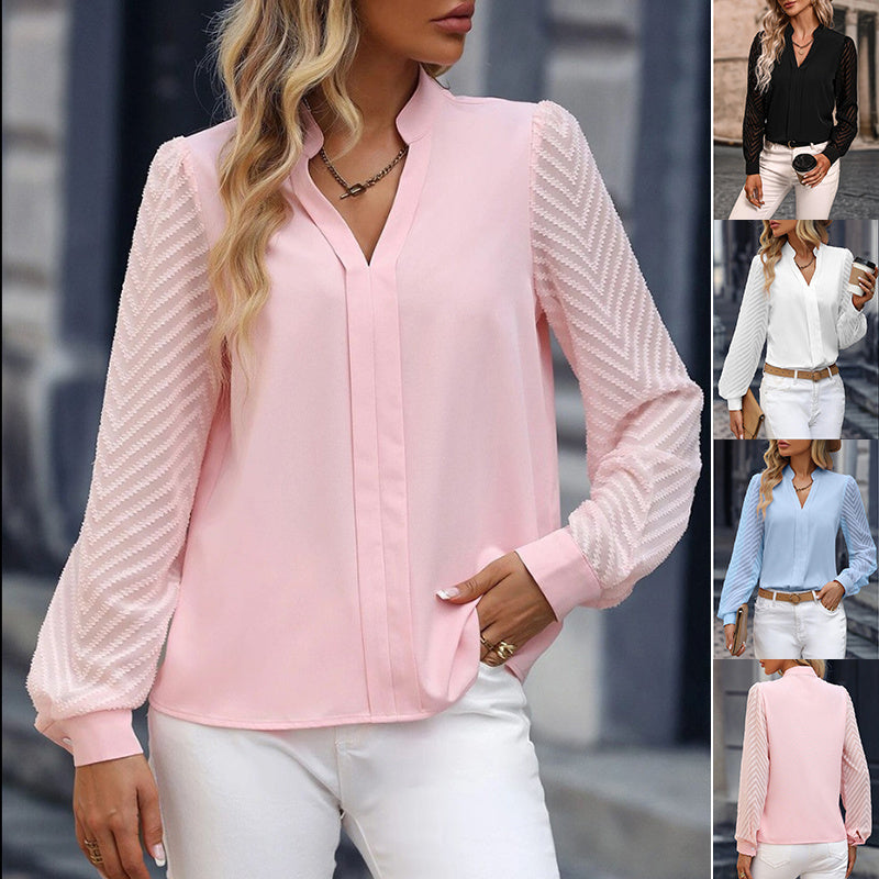Chemise en mousseline de soie à manches longues et col en V, coutures en dentelle, hauts de couleur unie, vêtements pour femmes